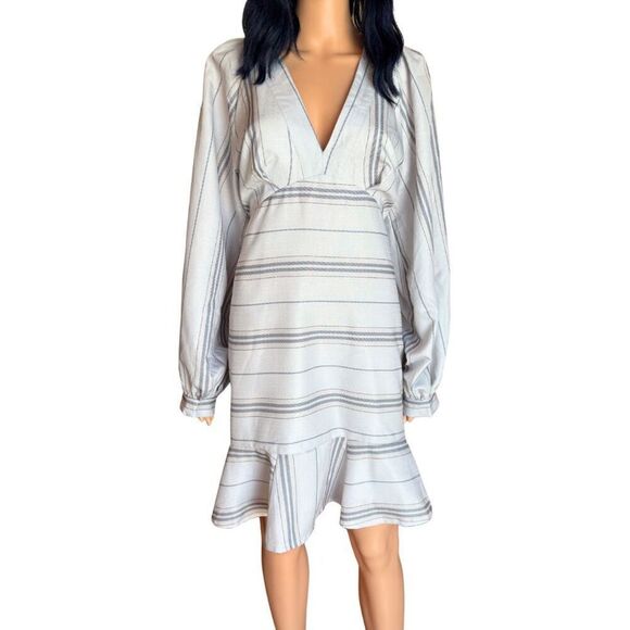 NWT Beulah Striped Long Sleeve V Neck Ruffle Mini Dress - Picture 2 of 6